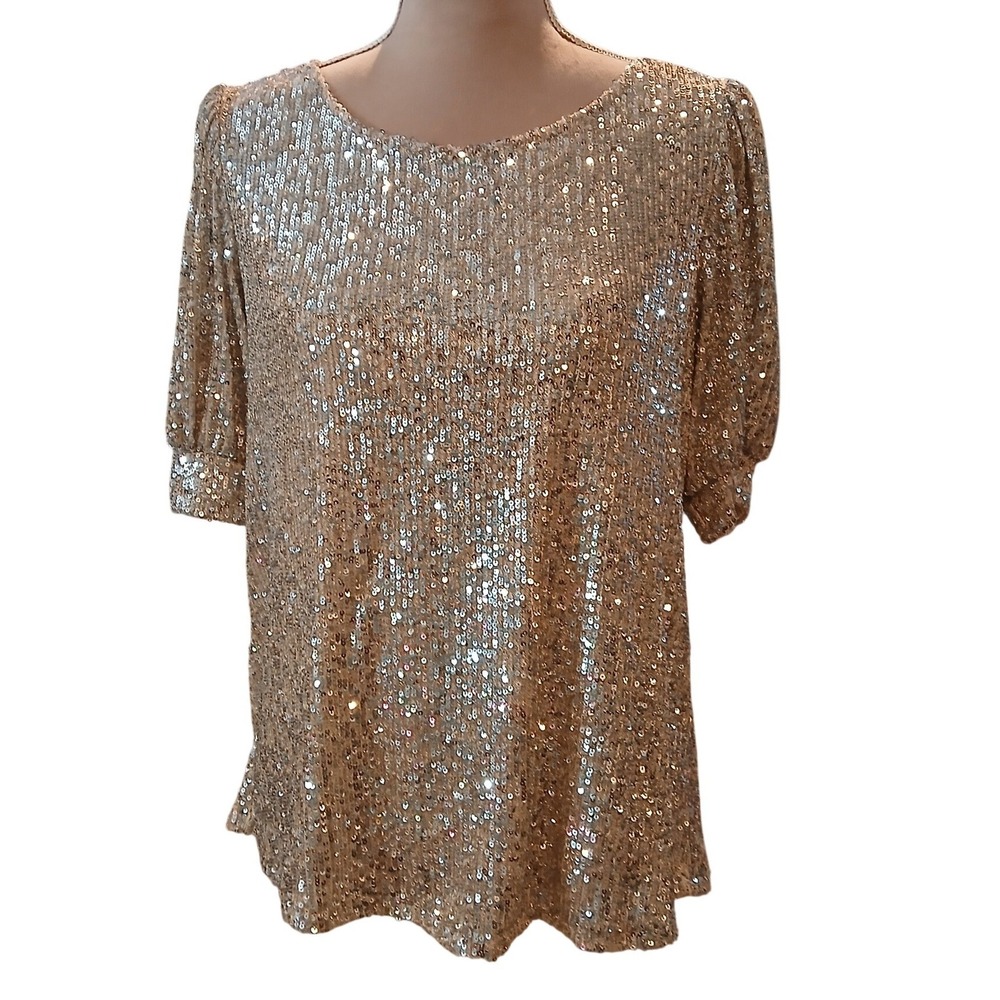 Cable & Gauge Gold Sequin Short Puff Sleeve Blouse Top Medium New Modest Formal